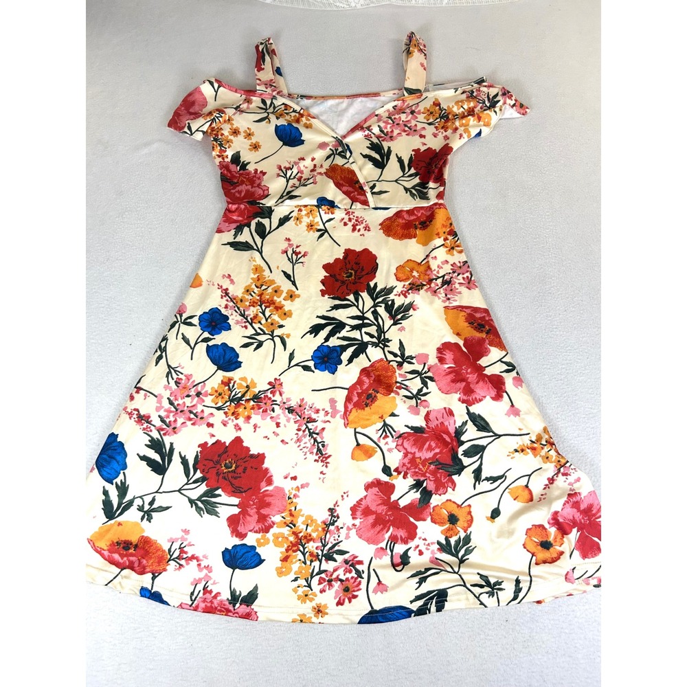 Cold Shoulder Dress Women Size M Cream Floral Cottagecore Whimsy sz Medium